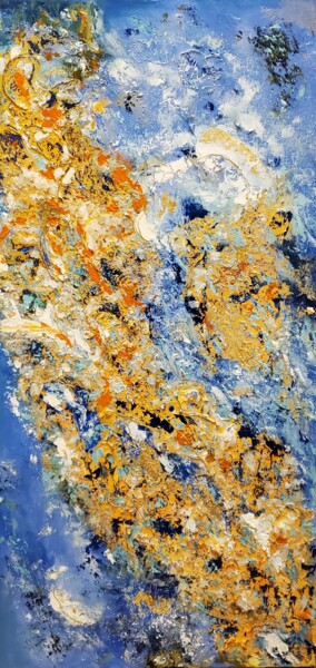 Painting titled "Golden River" by Maggie Romanovici, Original Artwork, Oil Mounted on Wood Stretcher frame