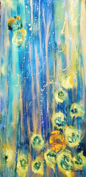 Painting titled "YELLOW BLOOM" by Maggie Romanovici, Original Artwork, Oil Mounted on Wood Stretcher frame