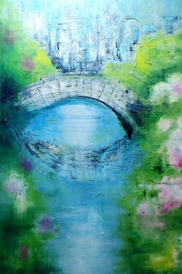 Painting titled "ENTRE  DEUX  RIVES…" by Maggie Romanovici, Original Artwork, Oil Mounted on Wood Stretcher frame