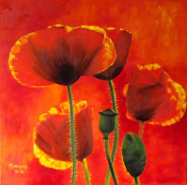 Painting titled "Gentils coquelicots" by Marguerite Rodriguez, Original Artwork, Oil