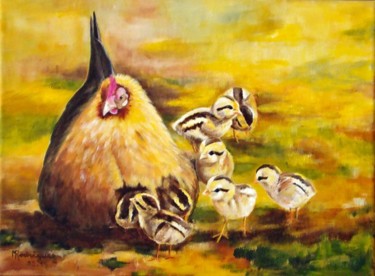 poule-et-ses-poussins- Peinture intitulée "poule-et-ses-poussi…" par Marguerite Rodriguez, Œuvre d'art originale, Acrylique