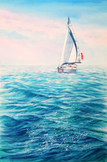 Painting titled "Azure sea and yacht" by Svetlana Lileeva, Original Artwork, Watercolor