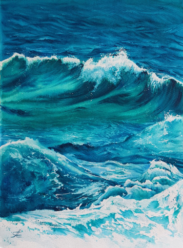Painting titled "Waves and sea #14 #…" by Svetlana Lileeva, Original Artwork, Watercolor