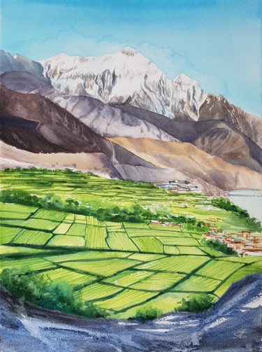 Painting titled "Nepal and mountains." by Svetlana Lileeva, Original Artwork, Watercolor
