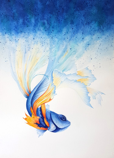 Painting titled "Magical blue fish" by Svetlana Lileeva, Original Artwork, Watercolor