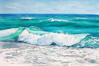 Painting titled "Waves and beach - O…" by Svetlana Lileeva, Original Artwork, Watercolor