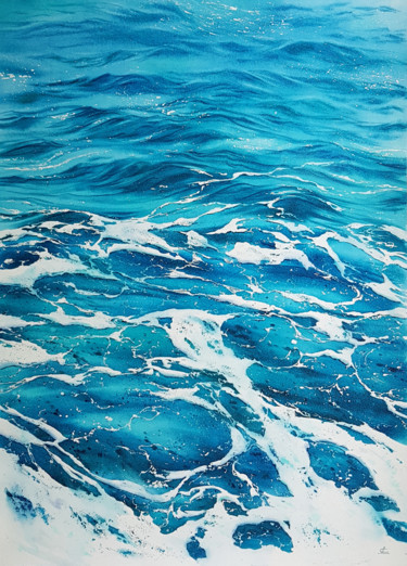 Painting titled "Seascape with ocean…" by Svetlana Lileeva, Original Artwork, Watercolor