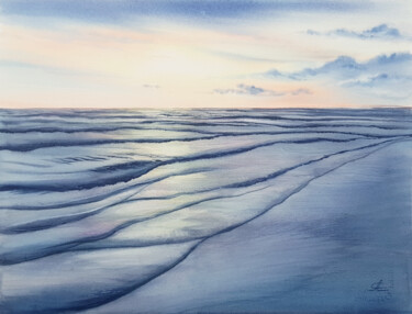 Painting titled "Seascape and sunset" by Svetlana Lileeva, Original Artwork, Watercolor