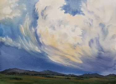 Painting titled "Landscape and clouds" by Svetlana Lileeva, Original Artwork, Watercolor