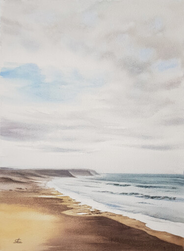 Painting titled "Seascape with beach…" by Svetlana Lileeva, Original Artwork, Watercolor