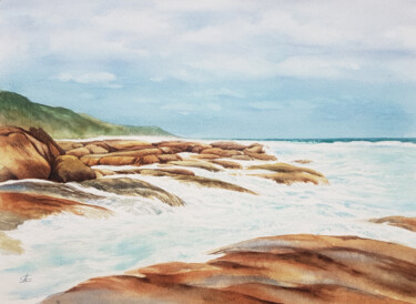 Painting titled "Seascape and cliffs" by Svetlana Lileeva, Original Artwork, Watercolor