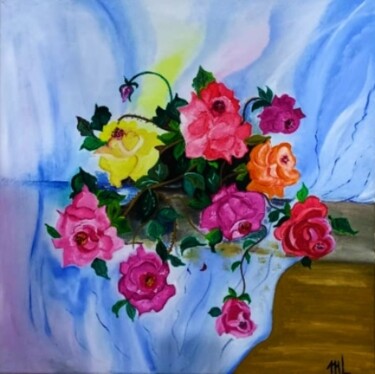 Painting titled "ROZE PARFUMATE" by Magnolia, Original Artwork, Oil Mounted on Other rigid panel