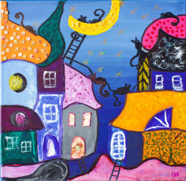 Painting titled "Petites Maisons 2" by Maguie Mesguich, Original Artwork, Acrylic Mounted on Wood Stretcher frame