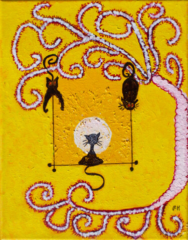 Schilderij getiteld "L'arbre et les chats" door Maguie Mesguich, Origineel Kunstwerk, Collages