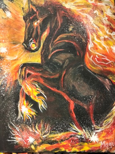 Peinture intitulée "cheval en feu" par Magui, Œuvre d'art originale, Acrylique