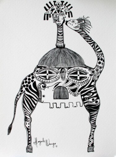 Dessin intitulée "Kissing girafes" par Magule Wango, Œuvre d'art originale