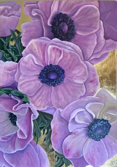 Painting titled "Purple Anemones" by Anastasiia Makhankova, Original Artwork, Oil