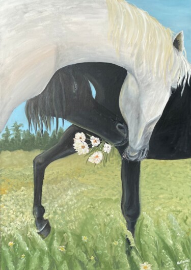 Pintura intitulada "Чёрная и белая лоша…" por Anastasiia Makhankova, Obras de arte originais, Óleo