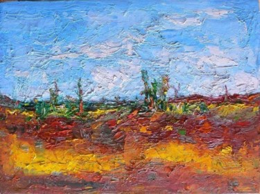 Painting titled "Paysage (msirda)" by Mahcer, Original Artwork, Oil Mounted on Wood Stretcher frame