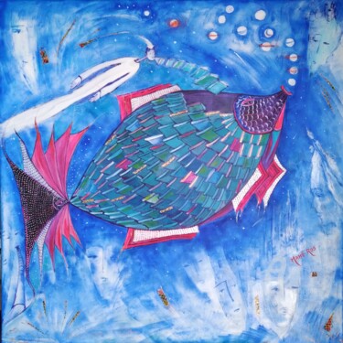 Painting titled "Le Poisson-livres" by Mahé Ros, Original Artwork, Acrylic Mounted on Wood Stretcher frame