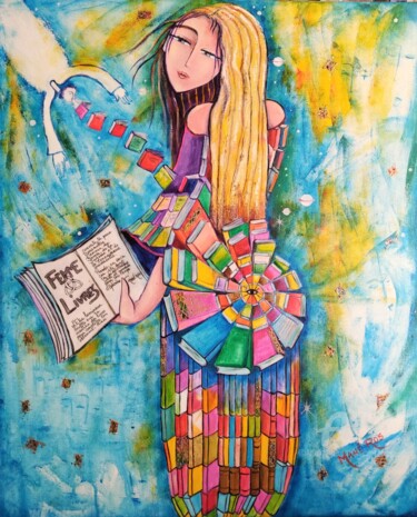 Painting titled "La Femme-Livres" by Mahé Ros, Original Artwork, Acrylic Mounted on Wood Stretcher frame
