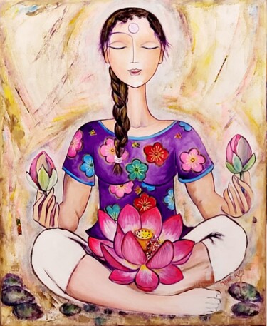 Pintura titulada "Méditation aux lotu…" por Mahé Ros, Obra de arte original, Acrílico Montado en Bastidor de camilla de made…