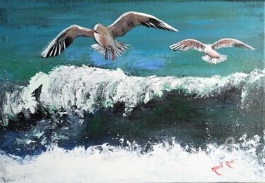 Peinture intitulée "Mouettes et vagues" par Mahé Ros, Œuvre d'art originale, Acrylique