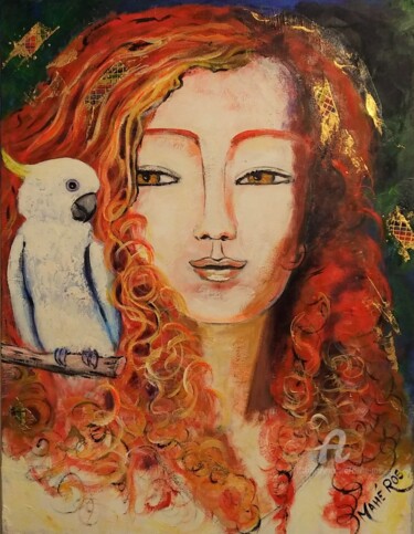 Peinture intitulée "Femme au perroquet…" par Mahé Ros, Œuvre d'art originale, Acrylique Monté sur Châssis en bois