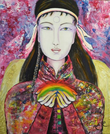 Féminin sacré à l'arc-en-ciel Pintura titulada "Féminin sacré à l'a…" por Mahé Ros, Obra de arte original, Acrílico Montado en Bastidor de camilla de made…