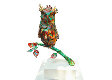 Scultura intitolato "The Startled Owl" da Mahesh Chathuranga Ekanayake, Opera d'arte originale, Metalli