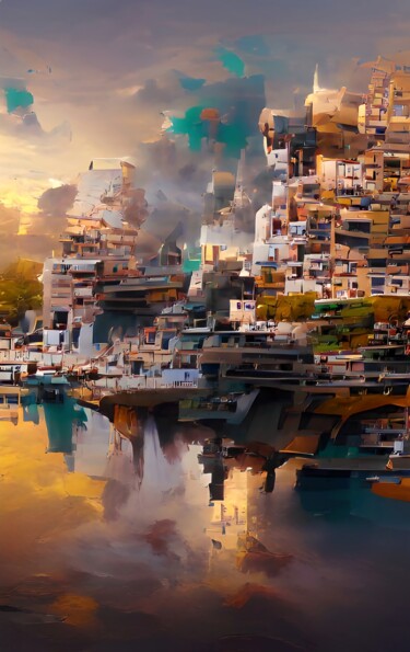 Digital Arts titled "CITY BESIDES LAKE" by Mahesh Tolani, Original Artwork, Digital Painting