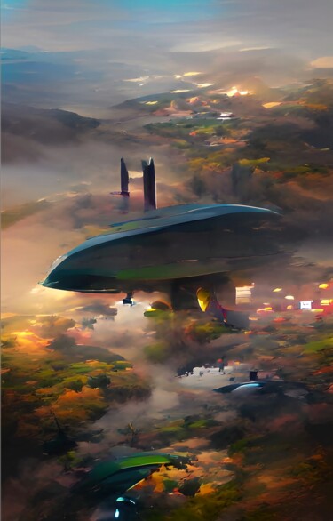 Digital Arts titled "UFO OVER CITY" by Mahesh Tolani, Original Artwork, Digital Painting
