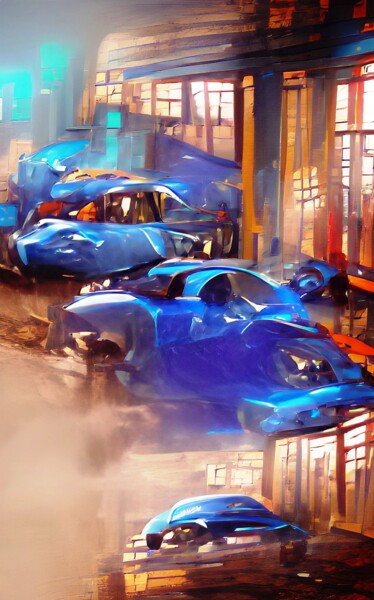 Arte digital titulada "CARTOON CARS IN BLUE" por Mahesh Tolani, Obra de arte original, Pintura Digital