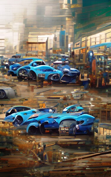 Arte digital titulada "CARTOON CARS IN BLU…" por Mahesh Tolani, Obra de arte original, Pintura Digital