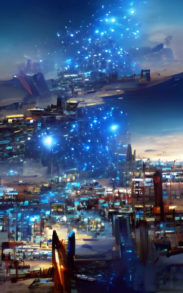 Arts numériques intitulée "BLUE STARS IN CITY" par Mahesh Tolani, Œuvre d'art originale, Peinture numérique