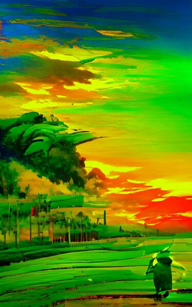 Digital Arts titled "SUNSET IN GREEN FIE…" by Mahesh Tolani, Original Artwork, Digital Painting