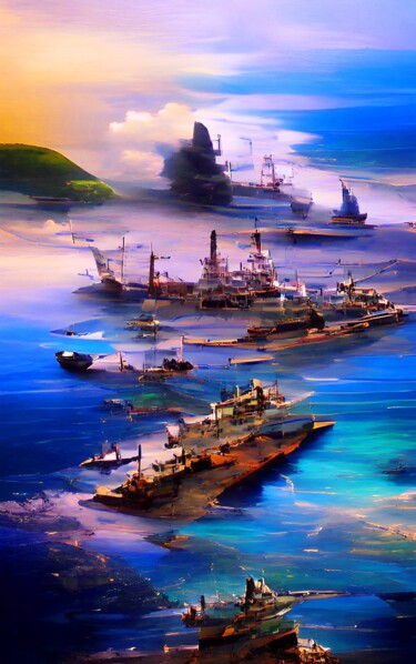Digital Arts titled "WARSHIPS IN SEA" by Mahesh Tolani, Original Artwork, Digital Painting