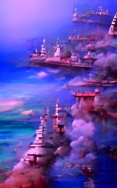 Digital Arts titled "WARSHIPS IN SEA 3" by Mahesh Tolani, Original Artwork, Digital Painting