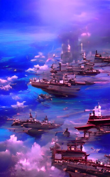 Digital Arts titled "WARSHIPS IN SEA 5" by Mahesh Tolani, Original Artwork, Digital Painting