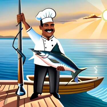 数字艺术 标题为“a chef with fish” 由Mahesh Tolani, 原创艺术品, 数字油画