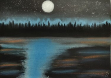 Peinture intitulée "The Moon Lit Night.…" par Mahfuzur Rahman, Œuvre d'art originale, Pastel