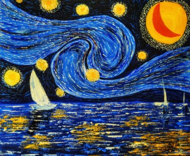 Ζωγραφική με τίτλο "Sailing at Starry N…" από Mahfuzur Rahman, Αυθεντικά έργα τέχνης, Ακρυλικό Τοποθετήθηκε στο Ξύλινο πάνελ