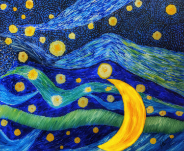 Painting titled "My Starry Night - II" by Mahfuzur Rahman, Original Artwork, Acrylic Mounted on Wood Panel