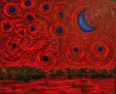 Painting titled "Burnt Starry Night" by Mahfuzur Rahman, Original Artwork, Acrylic Mounted on Wood Panel
