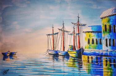 Painting titled "Evening Harbour" by Mahfuzur Rahman, Original Artwork, Acrylic Mounted on Wood Panel