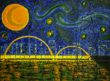 Painting titled "Starry Night Over H…" by Mahfuzur Rahman, Original Artwork, Acrylic Mounted on Wood Panel