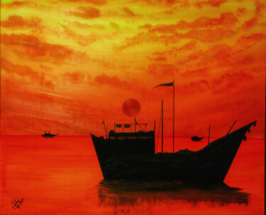 Painting titled "Fleeting Evening" by Mahfuzur Rahman, Original Artwork, Acrylic Mounted on Wood Panel