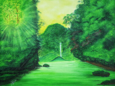 Painting titled "Green Dreams" by Mahfuzur Rahman, Original Artwork, Acrylic Mounted on Wood Panel
