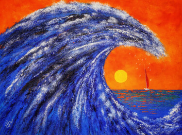 Painting titled "Evening Wave" by Mahfuzur Rahman, Original Artwork, Acrylic Mounted on Wood Panel