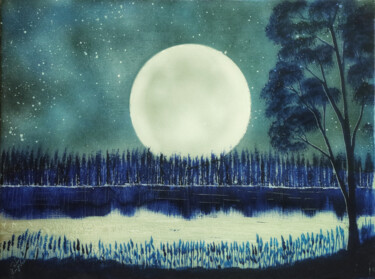 Peinture intitulée "Full Moon" par Mahfuzur Rahman, Œuvre d'art originale, Acrylique Monté sur Panneau de bois